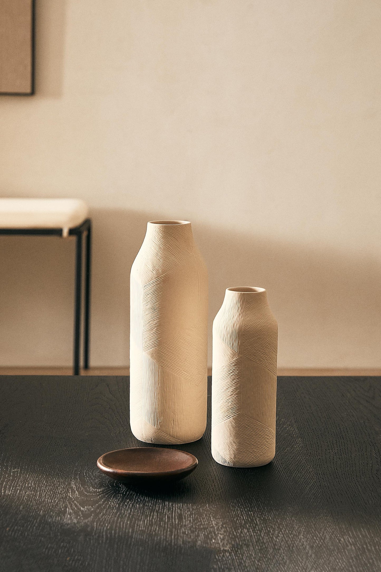 Vase, stoneware, textured pattern finish, cylindrical