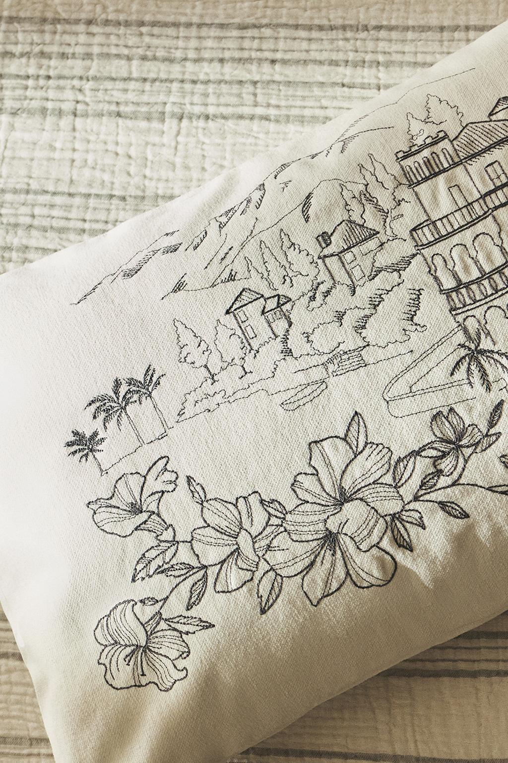 Throw pillow cover, embroidered landscape, 15.5x23.5"