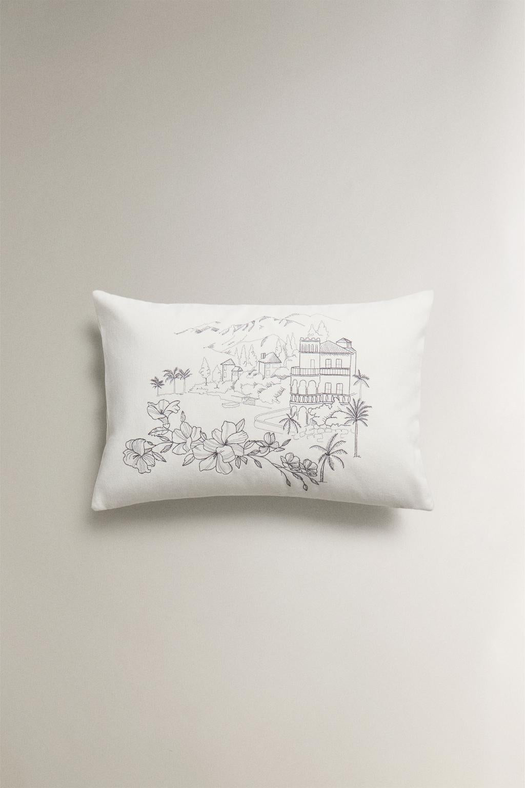 Throw pillow cover, embroidered landscape, 15.5x23.5"