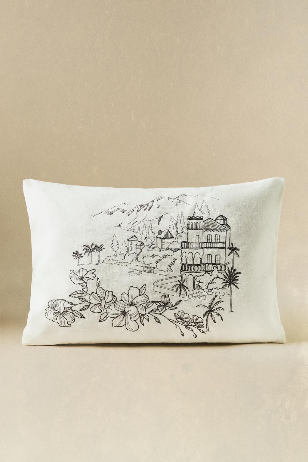 Throw pillow cover, embroidered landscape, 15.5x23.5"