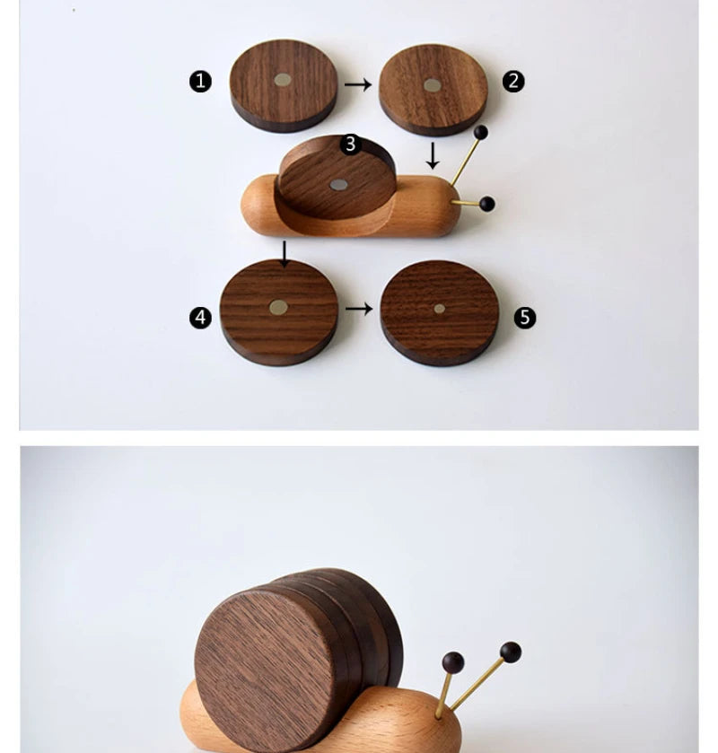 Coaster, set of round coaster and snail shape holder, wooden