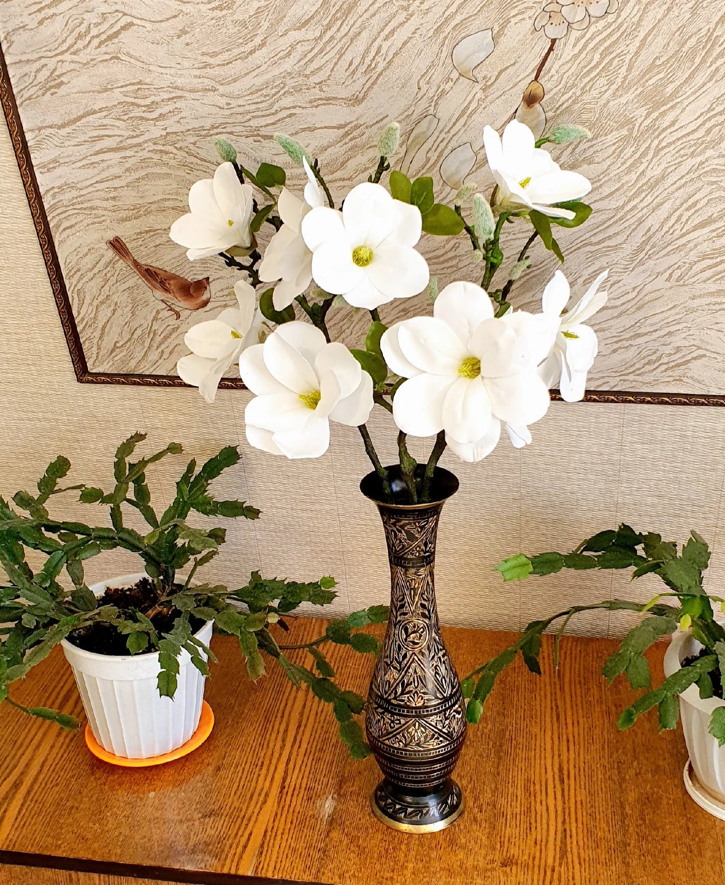 Artificial flower, magnolia/white, stem 56cm with 3 flowers, pack of 3 stems