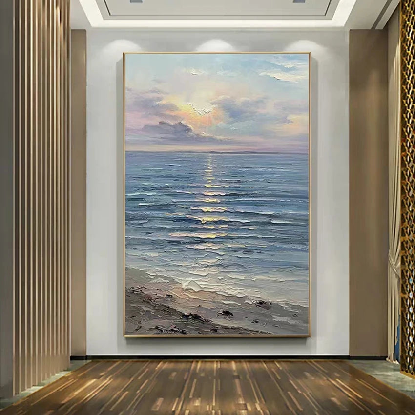 Wall art, unframed canvas hand painting, beach sunrise, 80x120cm