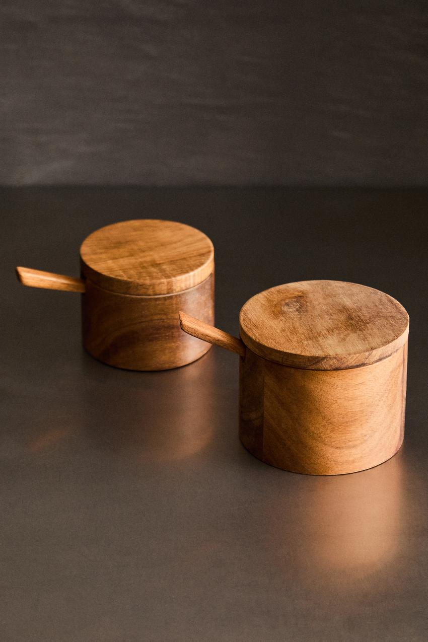 Serveware, sugar bowl with lid and spoon, acacia wood