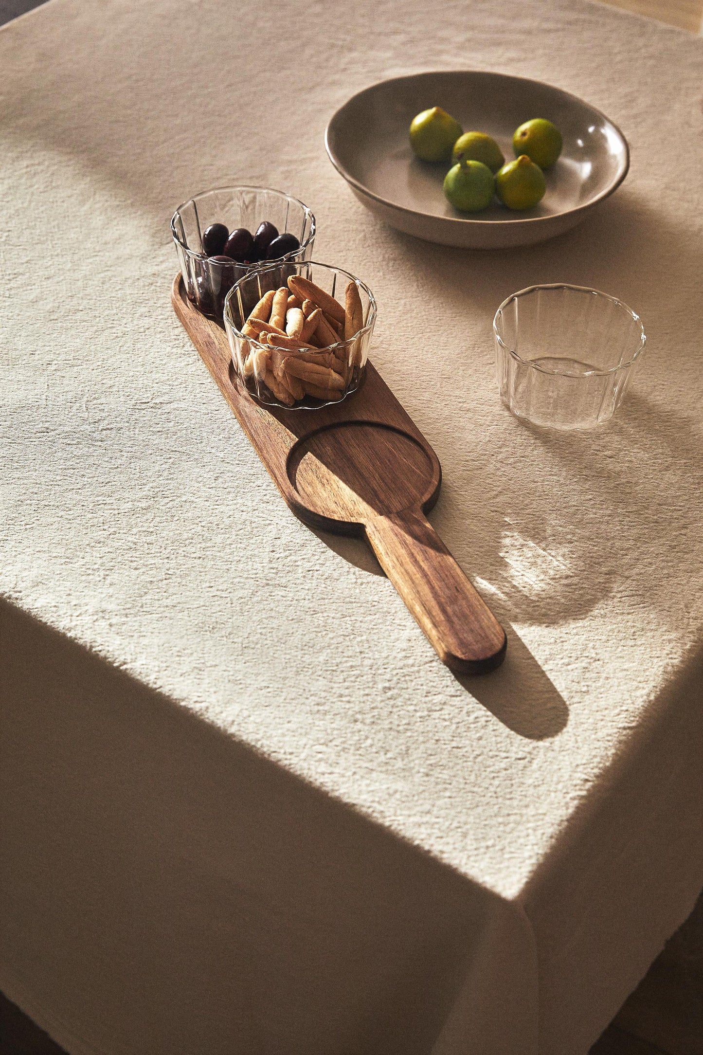 Serveware, borosilicate glass dip bowls and acacia tray