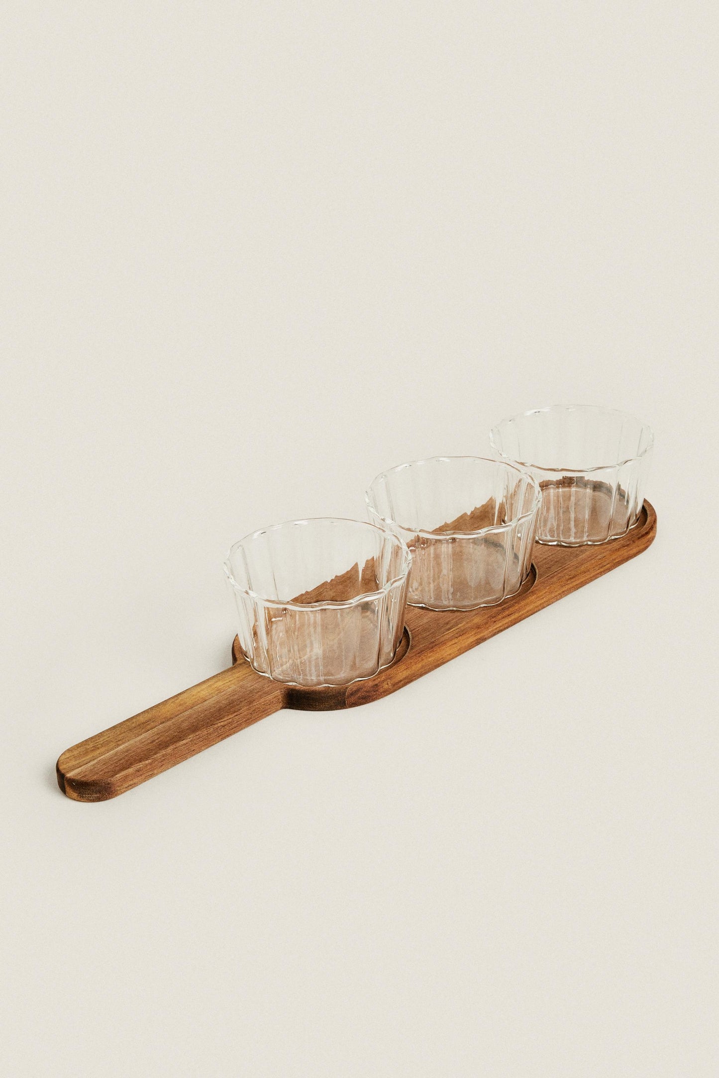 Serveware, borosilicate glass dip bowls and acacia tray