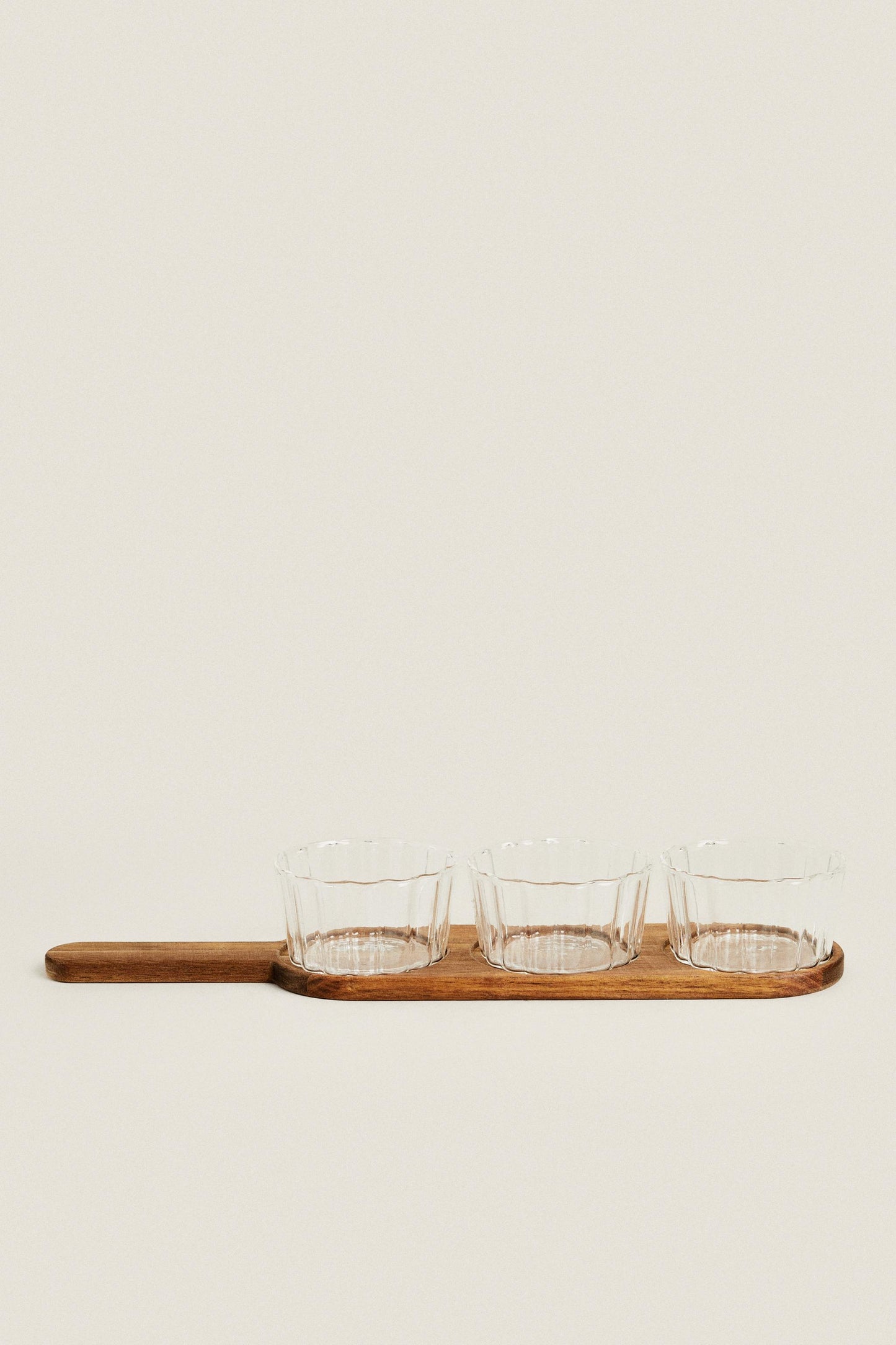 Serveware, borosilicate glass dip bowls and acacia tray