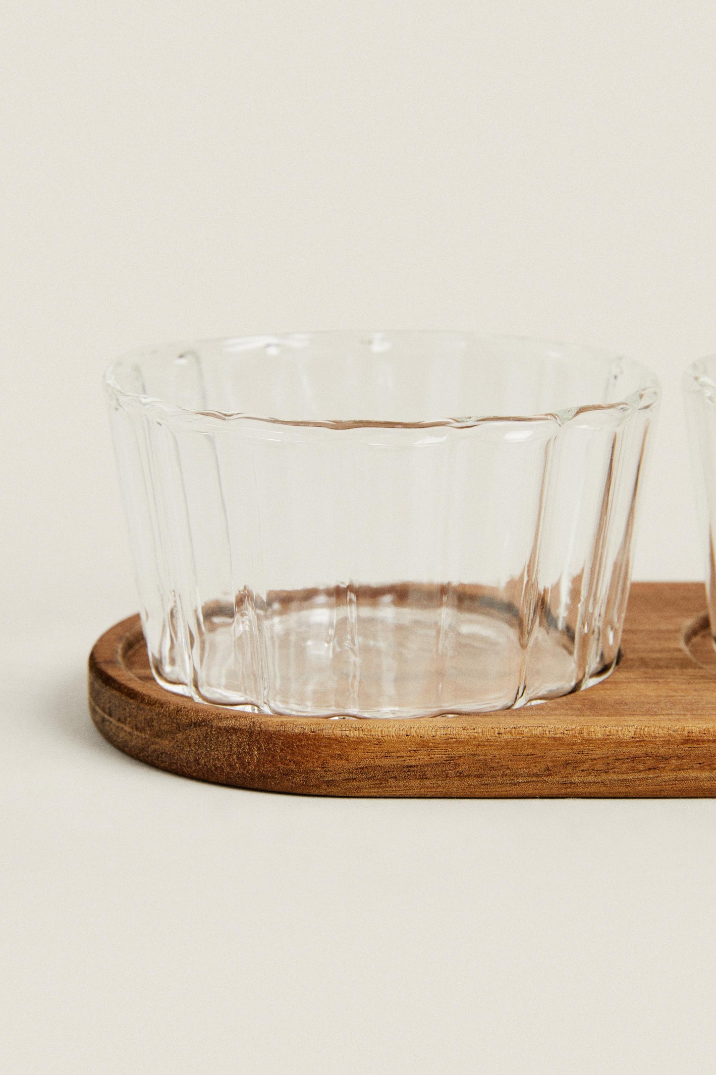Serveware, borosilicate glass dip bowls and acacia tray