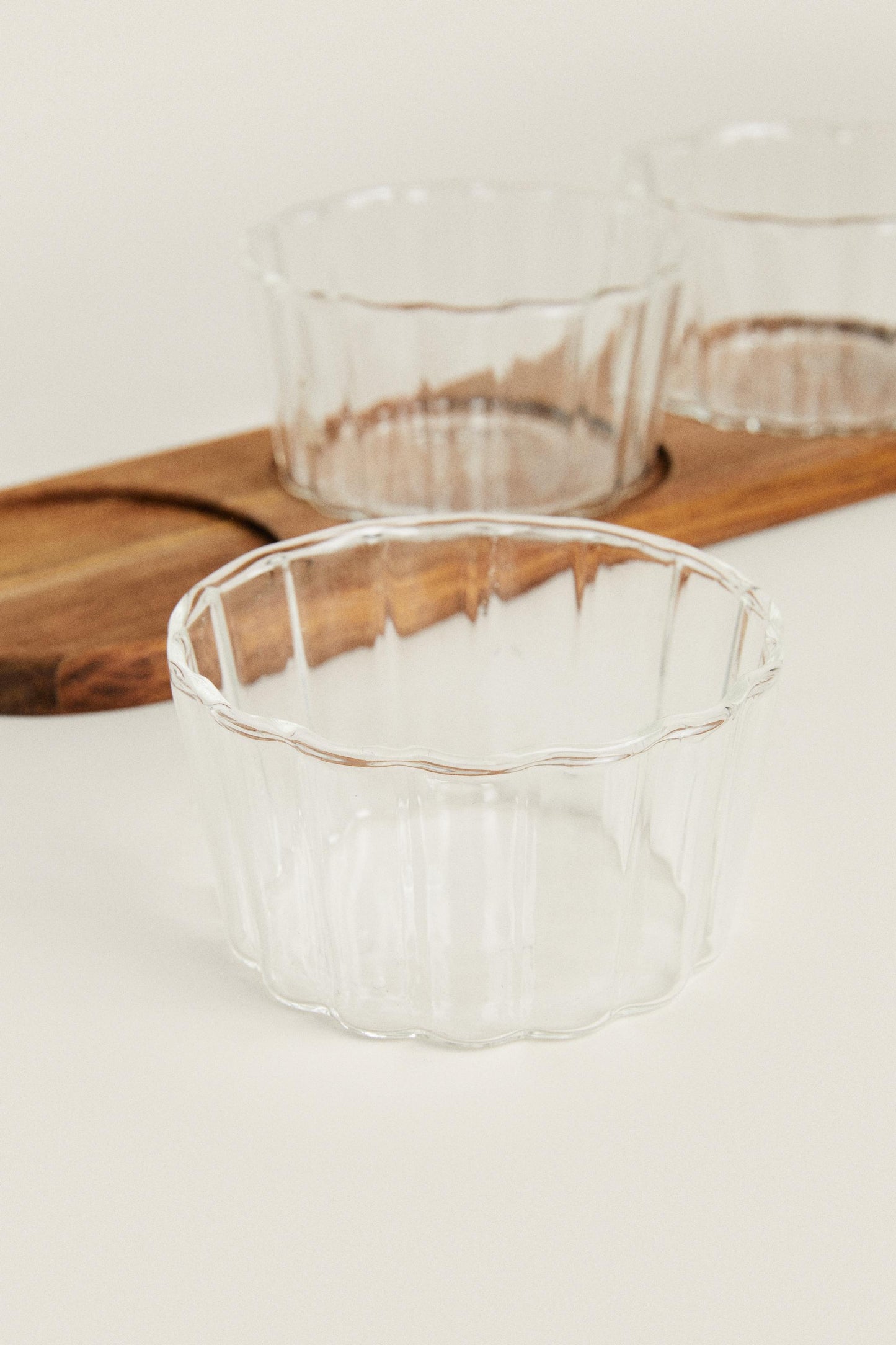 Serveware, borosilicate glass dip bowls and acacia tray