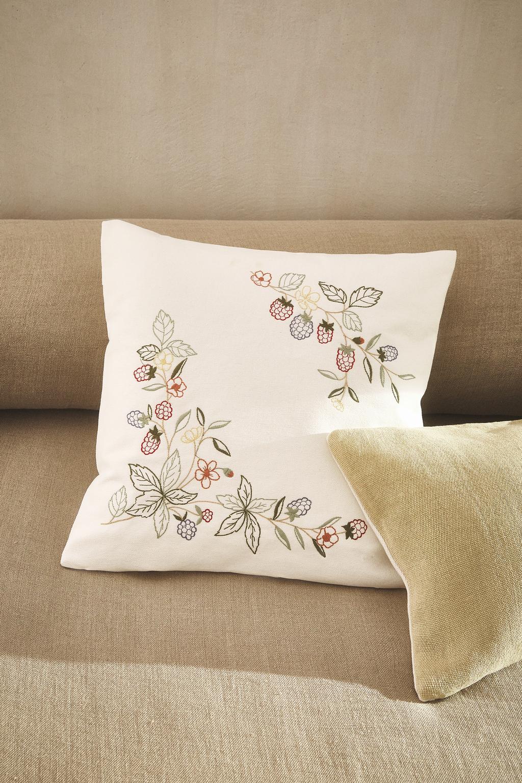 Throw pillow cover, embroidered fruits and florals, 17.5x17.5"