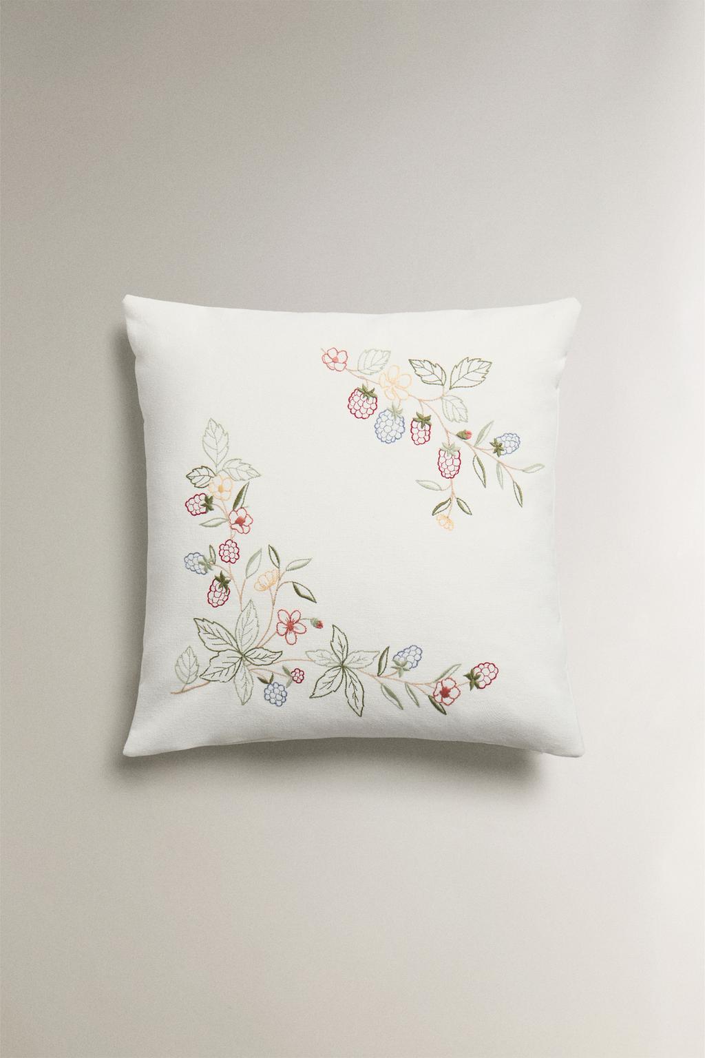 Throw pillow cover, embroidered fruits and florals, 17.5x17.5"