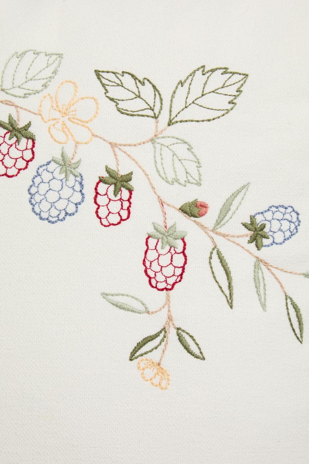 Throw pillow cover, embroidered fruits and florals, 17.5x17.5"