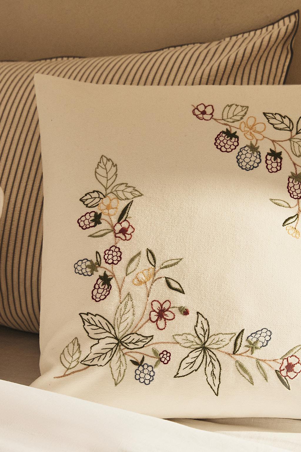 Throw pillow cover, embroidered fruits and florals, 17.5x17.5"