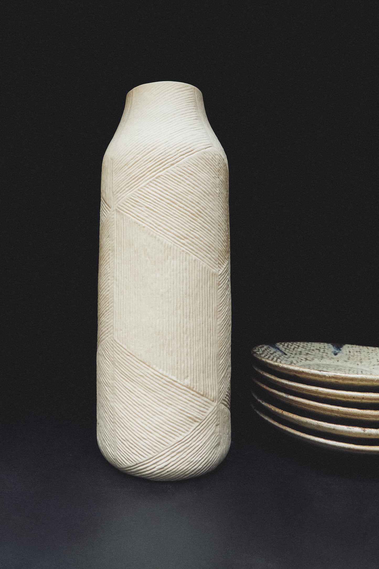 Vase, stoneware, textured pattern finish, cylindrical