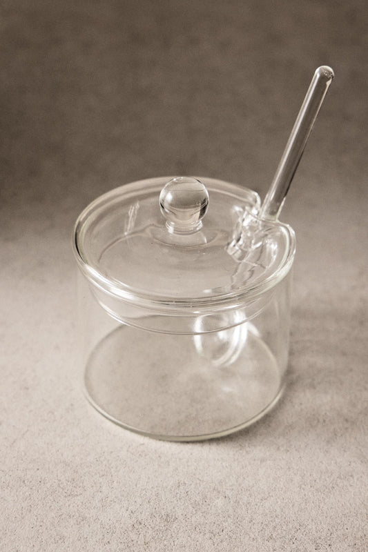 Serveware, sugar bowl with lid and spoon, borosilicate glass