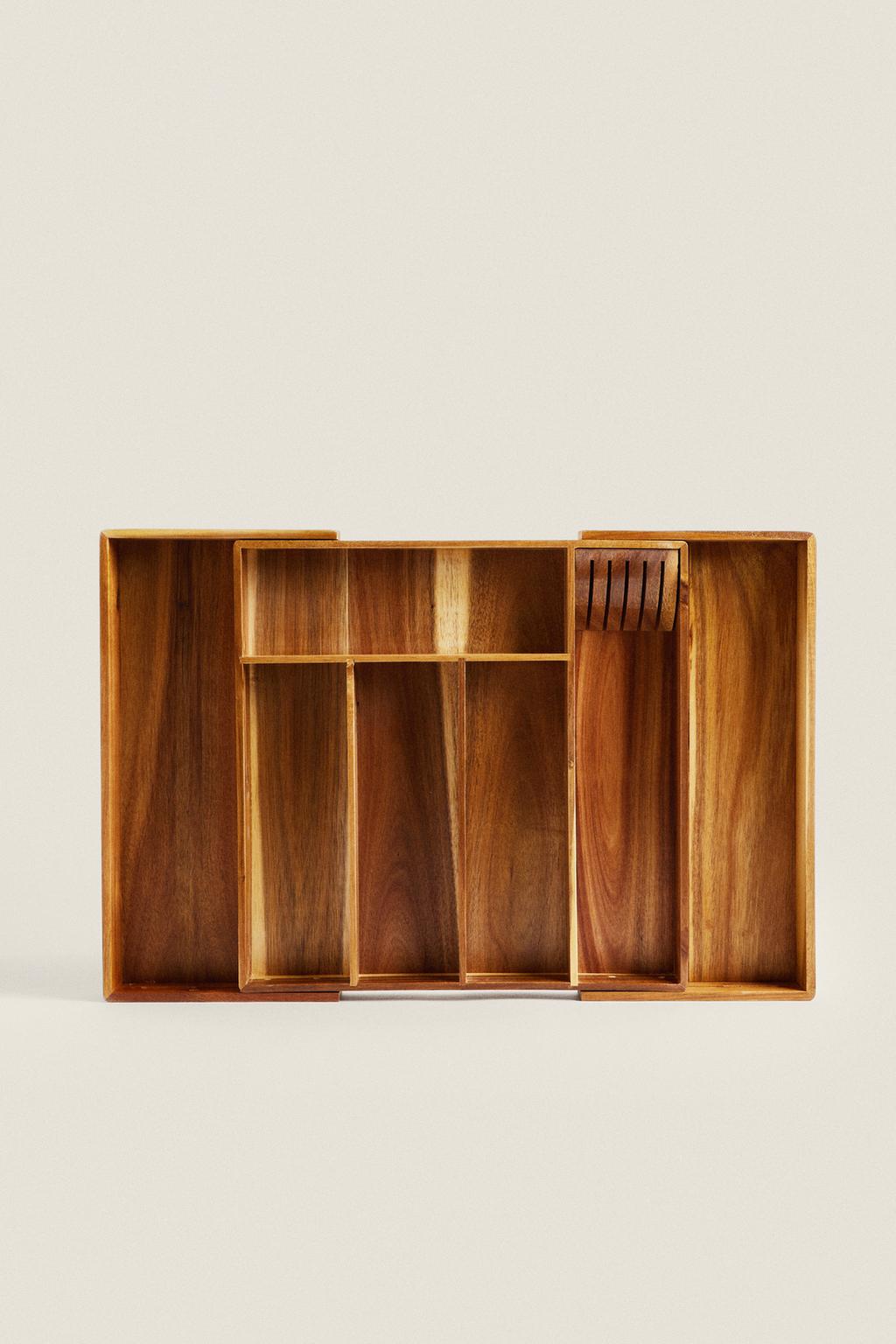 Drawer organization, expandable flatware acacia tray