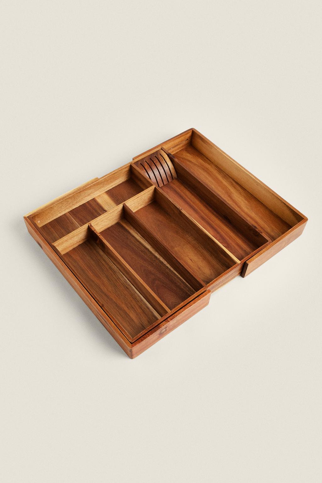 Drawer organization, expandable flatware acacia tray