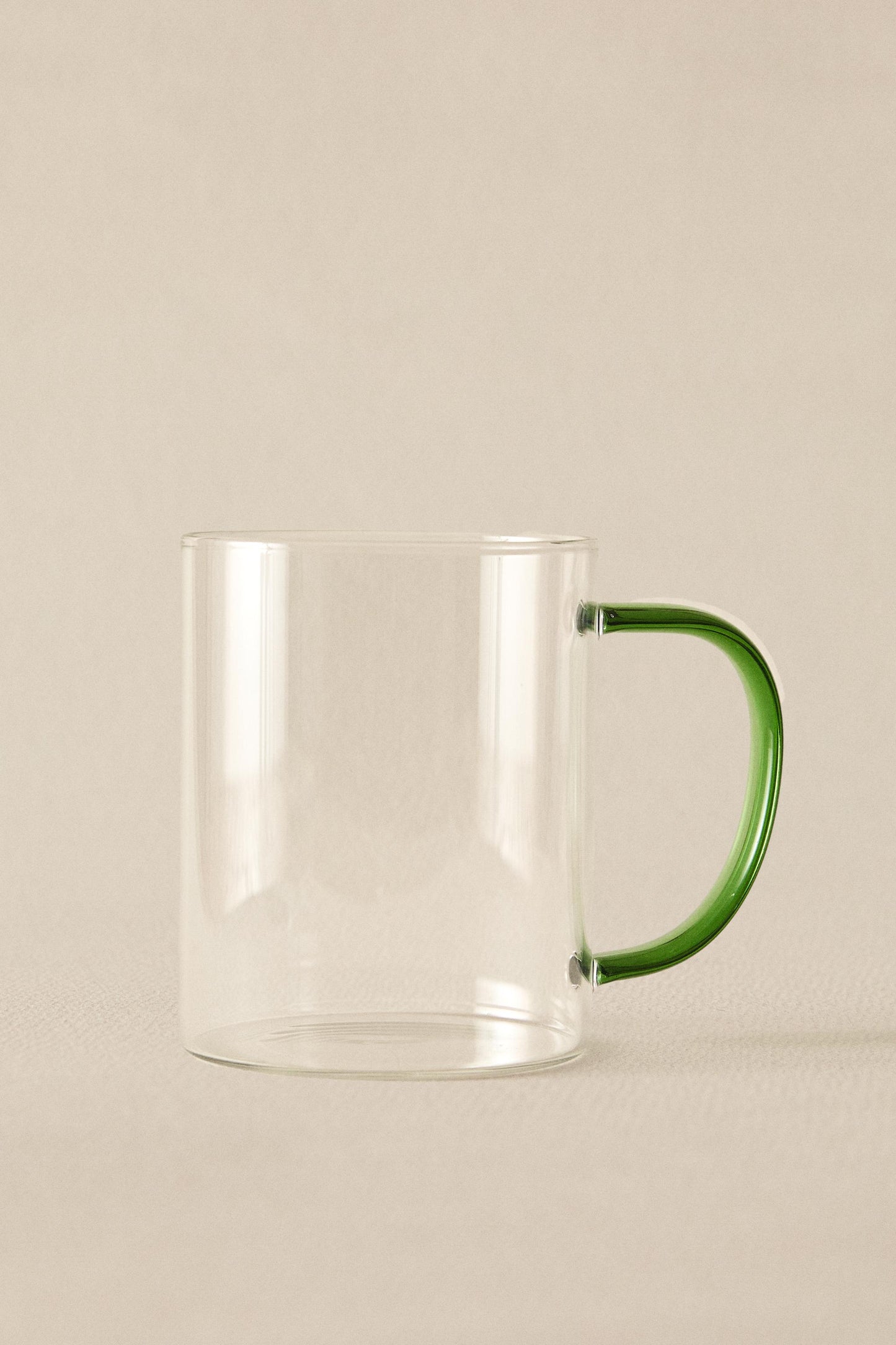 Drinkware, mug, borosilicate glass, colored handle, green