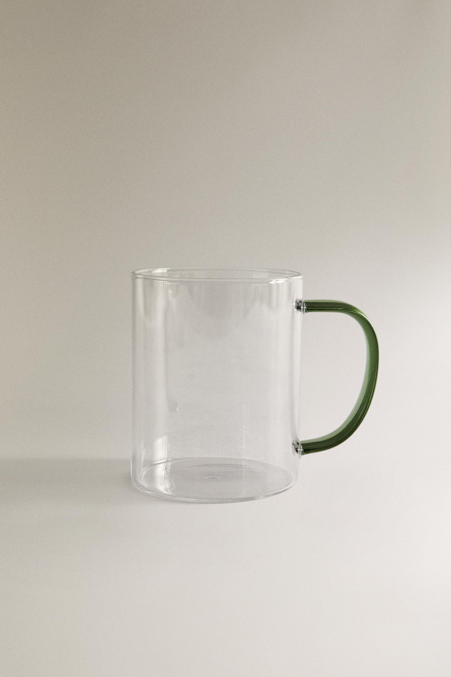 Drinkware, mug, borosilicate glass, colored handle, green