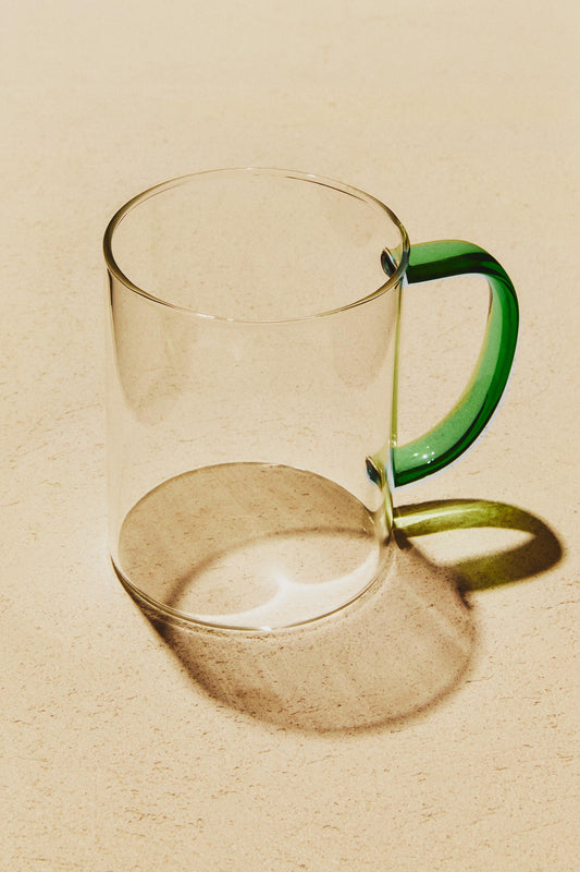 Drinkware, mug, borosilicate glass, colored handle, green