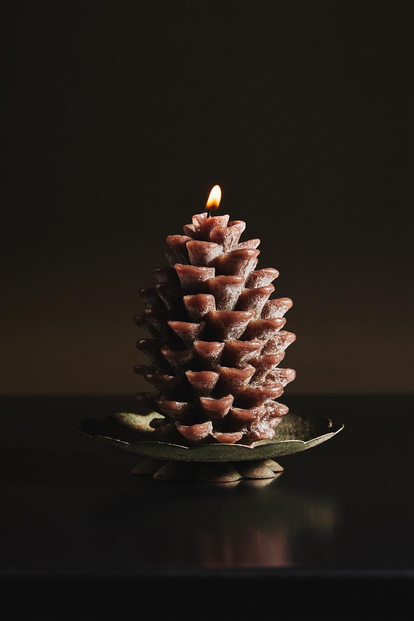 Candle, unscented, pine cone shape, brown