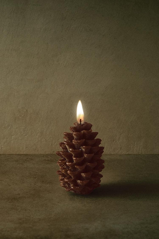 Candle, unscented, pine cone shape, brown