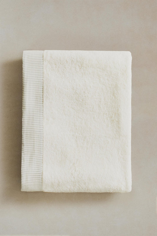 Towel, cotton terrycloth, striped border, ivory