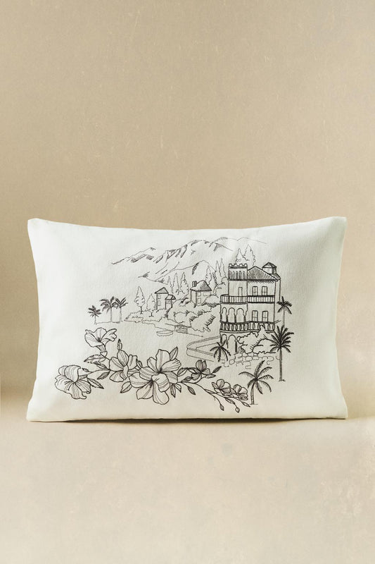 Throw pillow cover, embroidered landscape, 15.5x23.5in