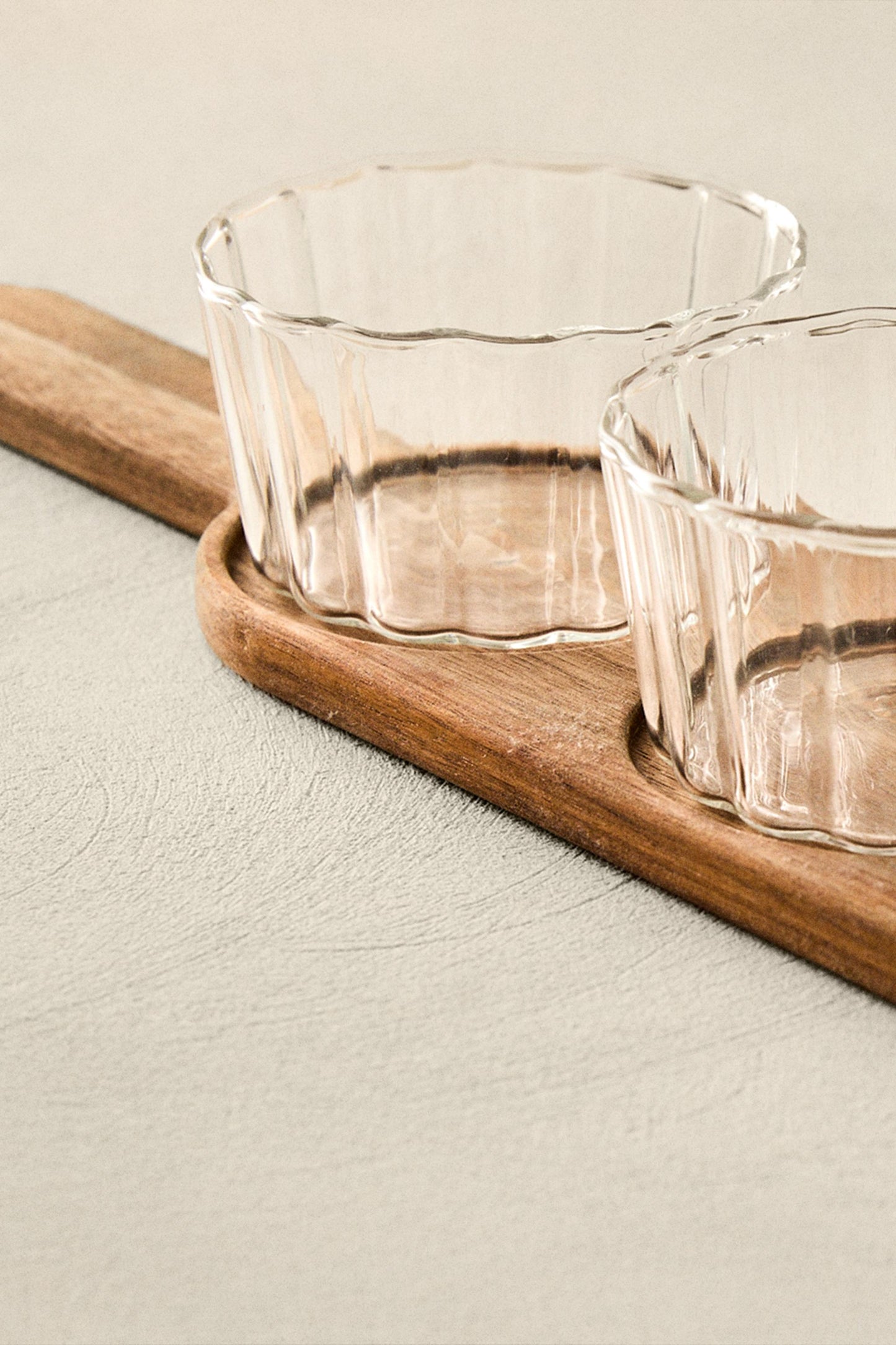 Serveware, borosilicate glass dip bowls and acacia tray