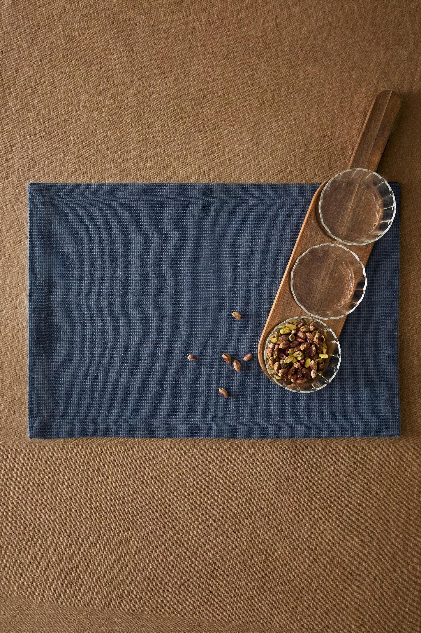Serveware, borosilicate glass dip bowls and acacia tray