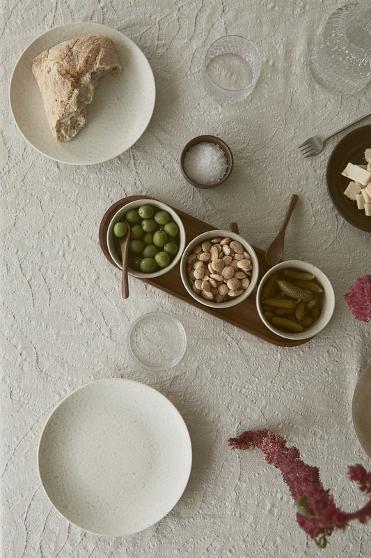 Dip & condiment serving set, stoneware bowls with mango wood tray