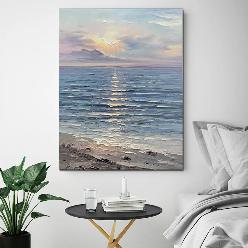 Wall decor, unframed canvas hand painting, beach sunrise, 80x120cm