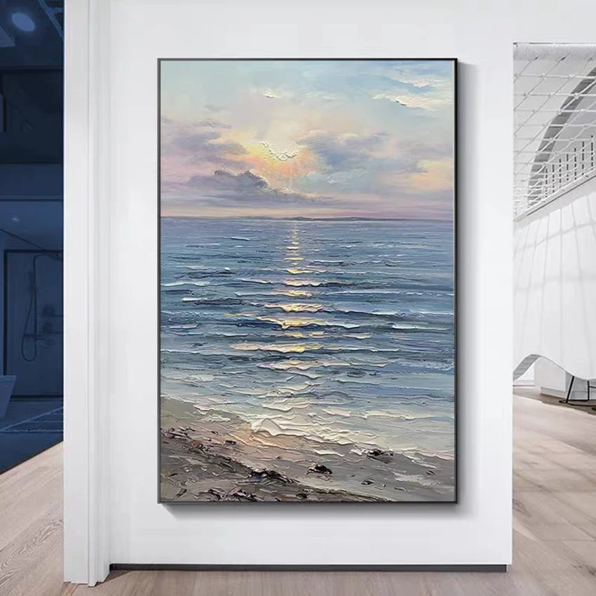 Wall decor, unframed canvas hand painting, beach sunrise, 80x120cm