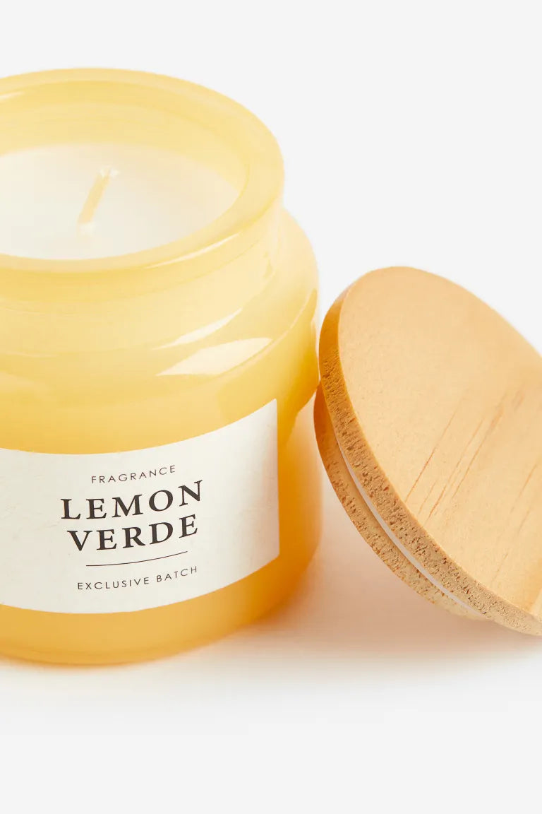 Candle, scented, glass jar, lemon verde