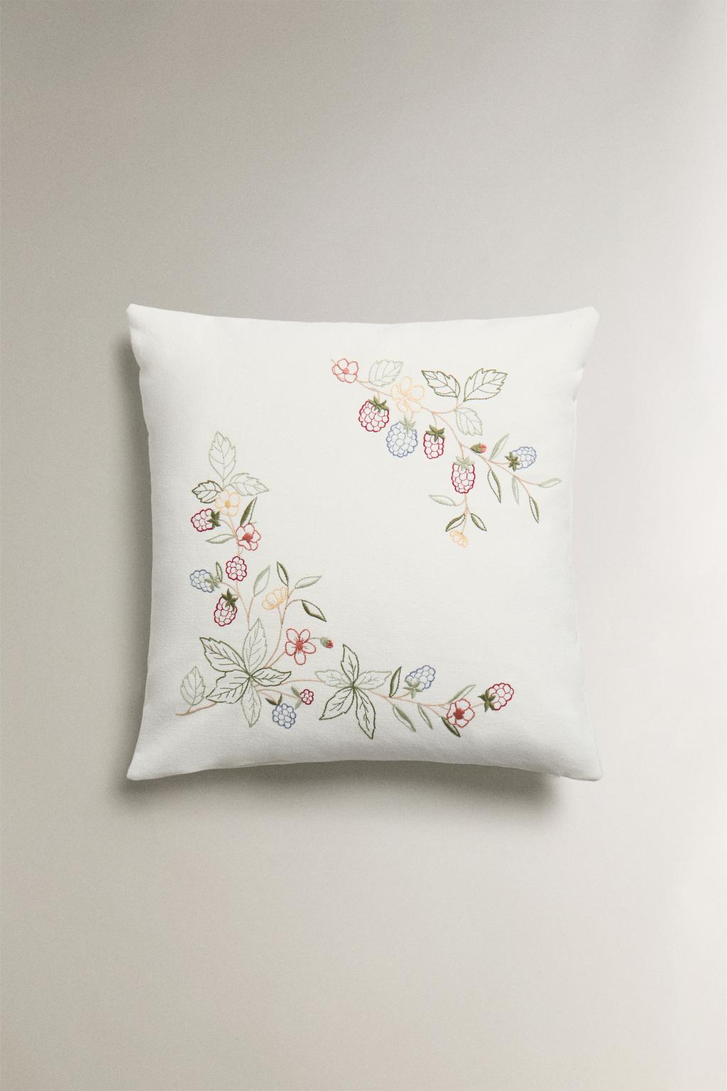 Throw pillow cover, embroidered fruits and florals, 17.5x17.5in